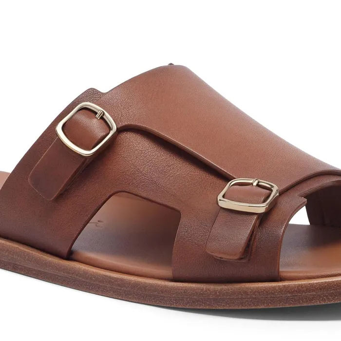 Men Brown Leather DoubleBuckle Sandal Santoni Sandals