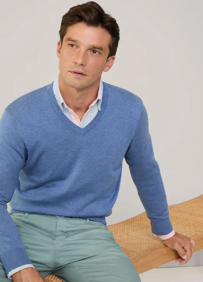 Men Knitwear Faonnable VNeck Jumper Blue Marl