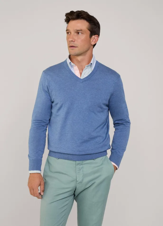 Men Knitwear Faonnable VNeck Jumper Blue Marl