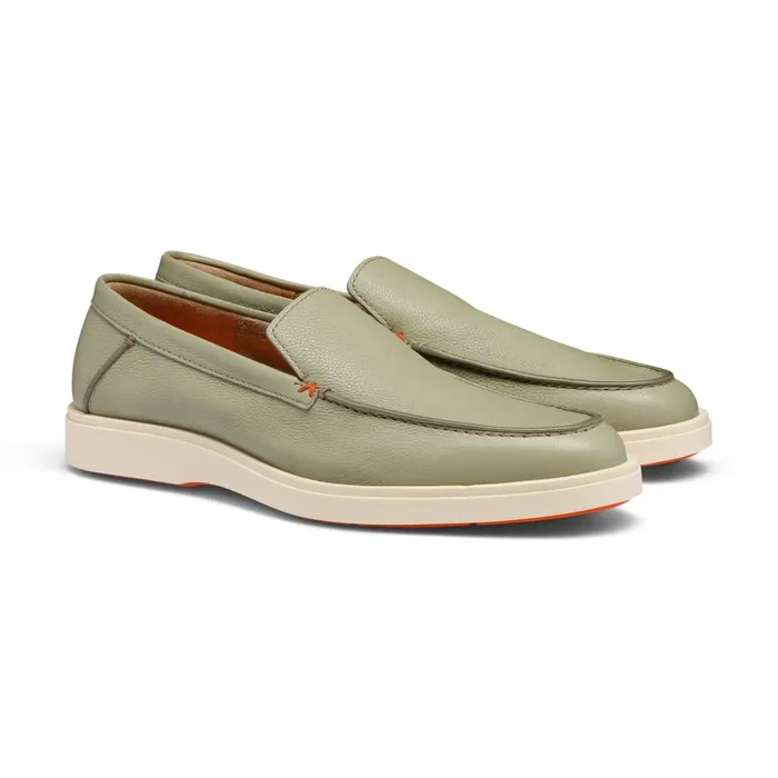 Men Light Green Tumbed Leather Loafer Santoni Loafers