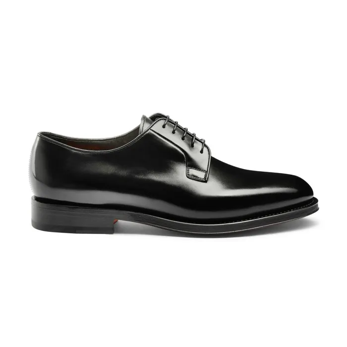 Men Polished Black Leather Derby Shoe Santoni LaceUps