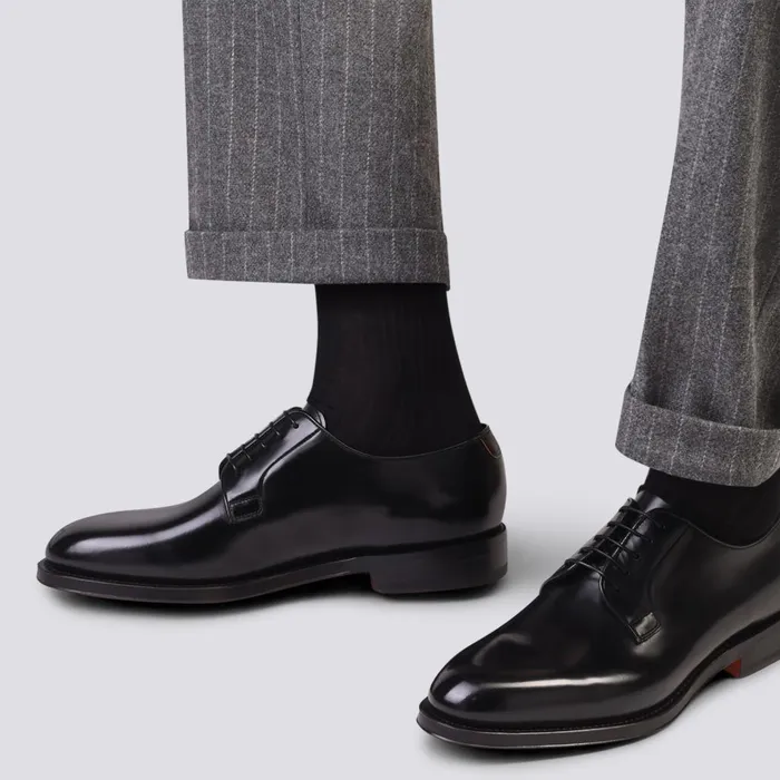 Men Polished Black Leather Derby Shoe Santoni LaceUps