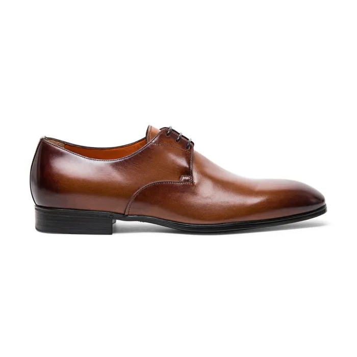 Men Polished Brown Leather Derby Shoe Santoni LaceUps