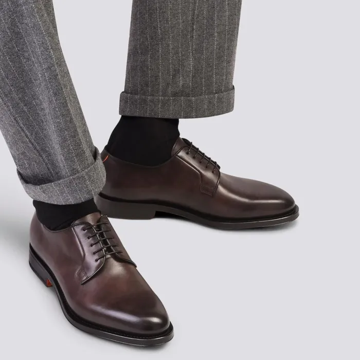 Men Polished Brown Leather Derby Shoe Santoni LaceUps
