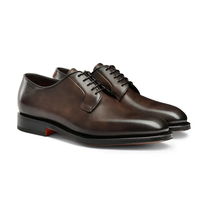 Men Polished Brown Leather Derby Shoe Santoni LaceUps
