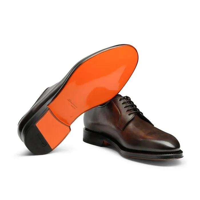 Men Polished Brown Leather Derby Shoe Santoni LaceUps