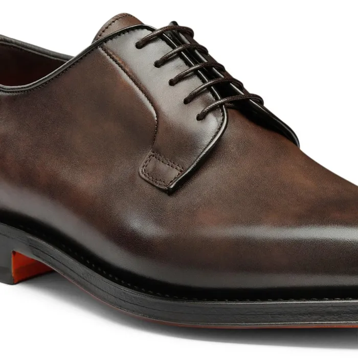 Men Polished Brown Leather Derby Shoe Santoni LaceUps