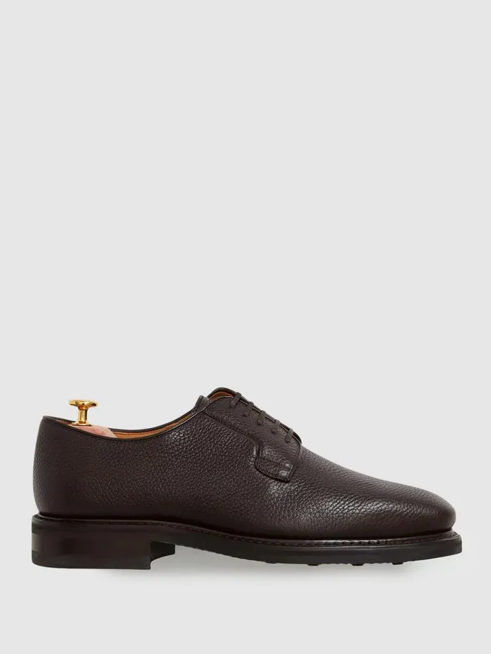 Men Reiss Brands Jacobson Grained Leather Lace Up Shoes Dark Brown
