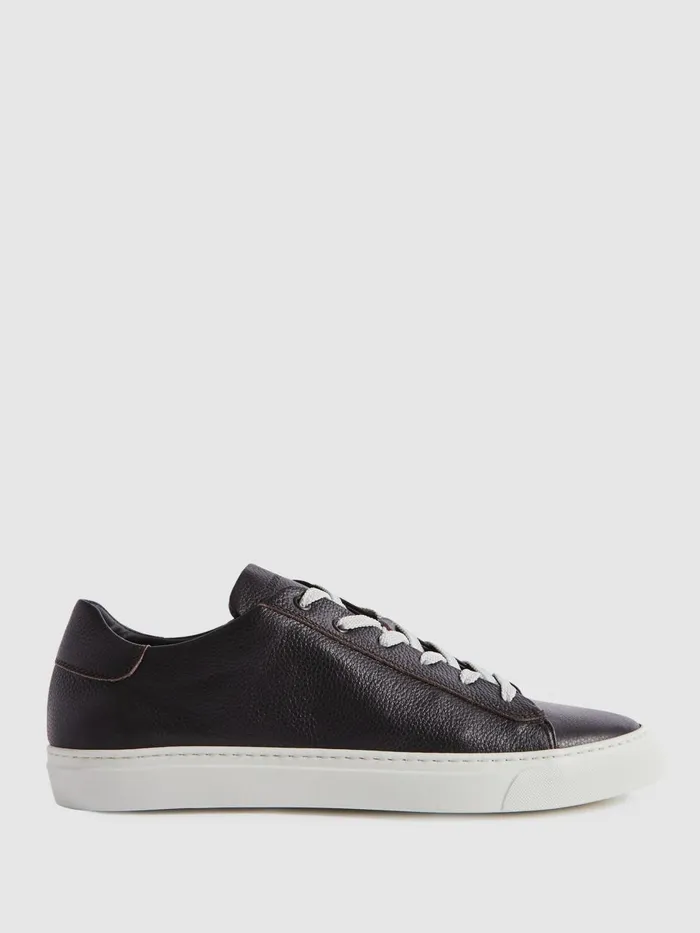 Men Reiss Brands London Grained Leather Trainers Dark Brown