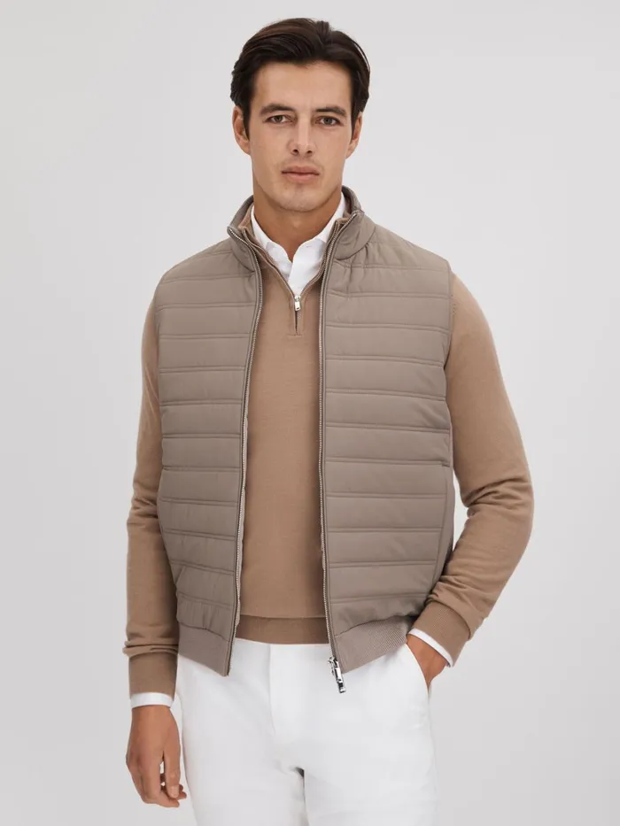 Men Reiss Knitwear Cranford Hybrid Quilt And Knit ZipThrough Gilet Mink