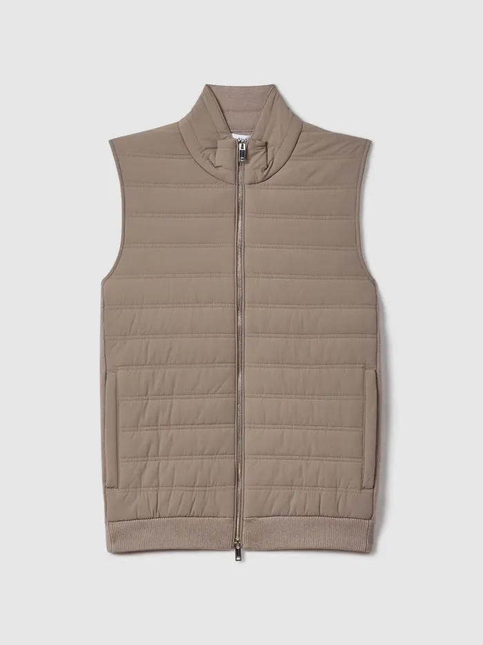 Men Reiss Knitwear Cranford Hybrid Quilt And Knit ZipThrough Gilet Mink