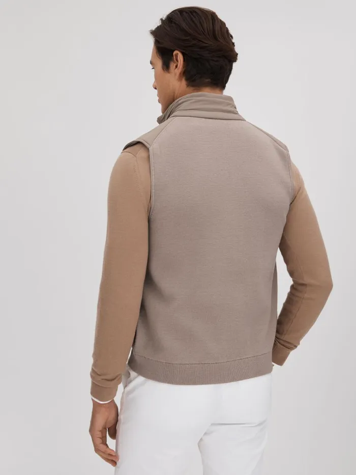 Men Reiss Knitwear Cranford Hybrid Quilt And Knit ZipThrough Gilet Mink