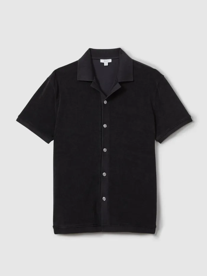 Men Reiss Knitwear Eden Towelling Cuban Collar Shirt Navy