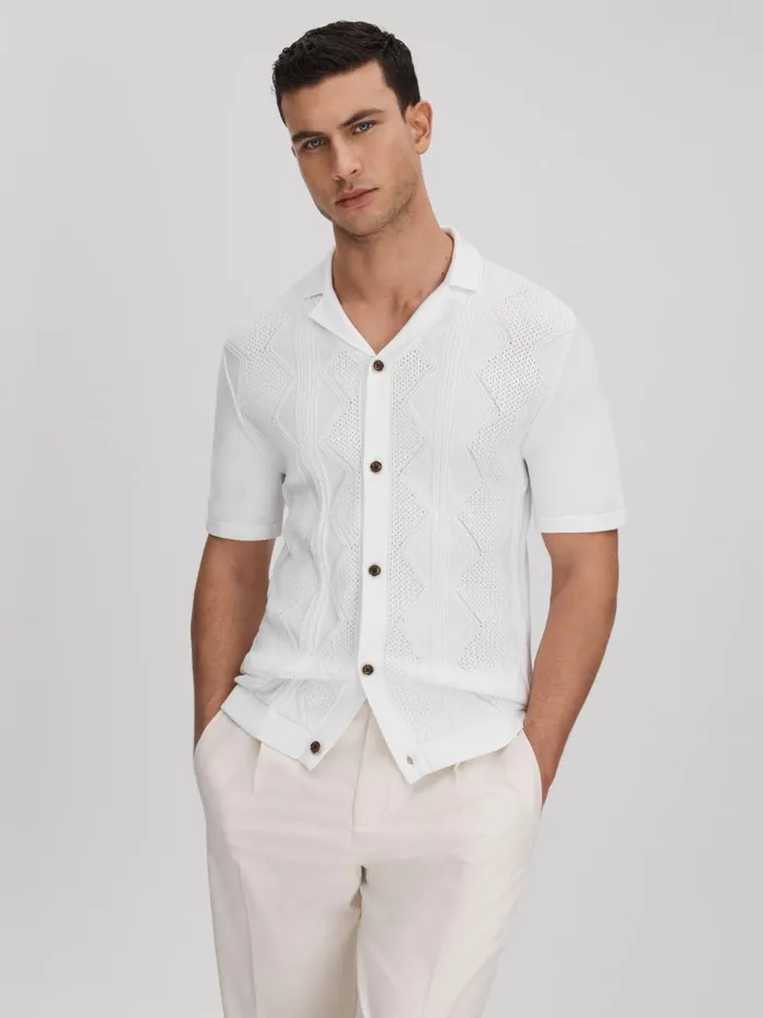 Men Reiss Knitwear Fortune Cable Knit Cuban Collar Shirt White