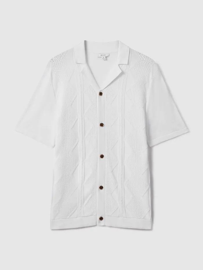 Men Reiss Knitwear Fortune Cable Knit Cuban Collar Shirt White