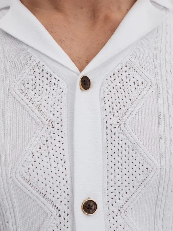 Men Reiss Knitwear Fortune Cable Knit Cuban Collar Shirt White