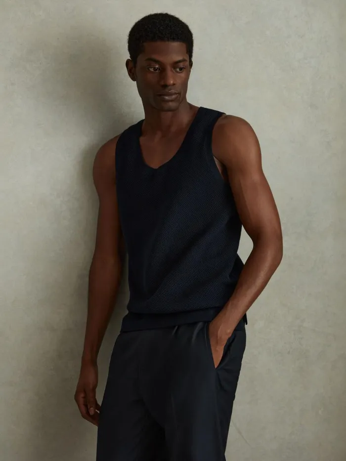Men Reiss Knitwear Velo OpenStitch Cotton Vest Navy