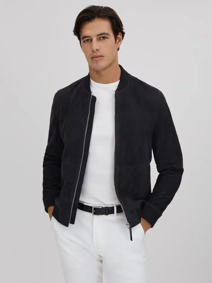 Men Reiss Outerwear and Coats Dilan Suede ZipThrough Bomber Jacket Navy