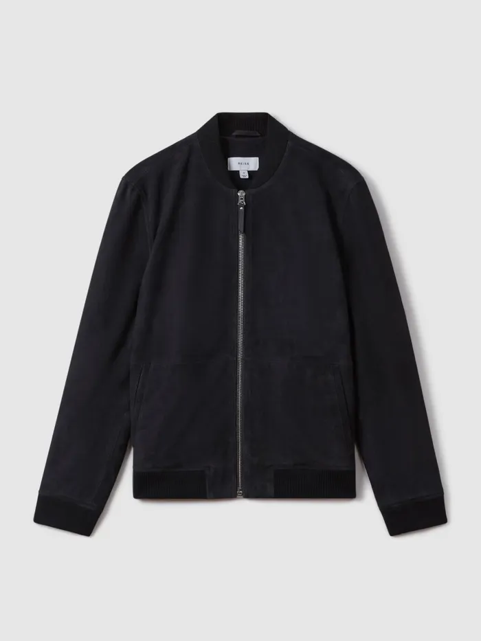 Men Reiss Outerwear and Coats Dilan Suede ZipThrough Bomber Jacket Navy