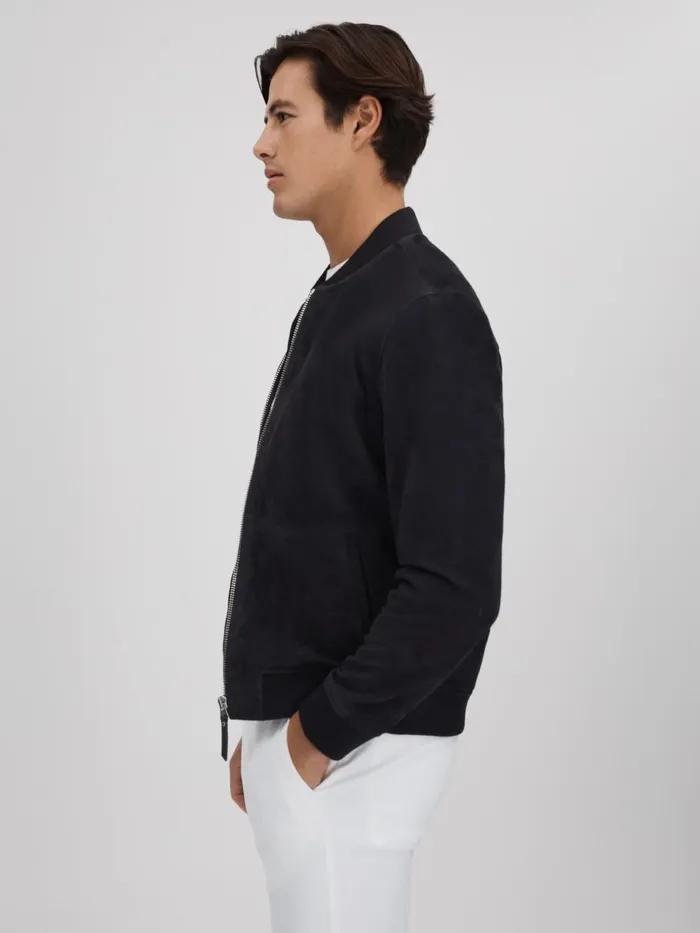 Men Reiss Outerwear and Coats Dilan Suede ZipThrough Bomber Jacket Navy
