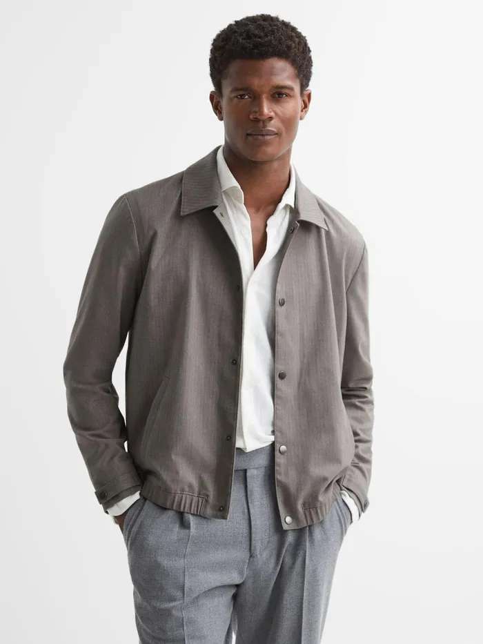 Men Reiss Outerwear and Coats Herringbone PressStud Bomber Jacket Sea Fossil