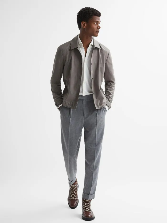 Men Reiss Outerwear and Coats Herringbone PressStud Bomber Jacket Sea Fossil