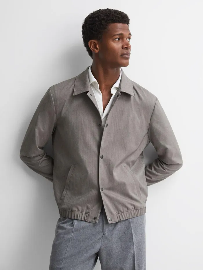 Men Reiss Outerwear and Coats Herringbone PressStud Bomber Jacket Sea Fossil