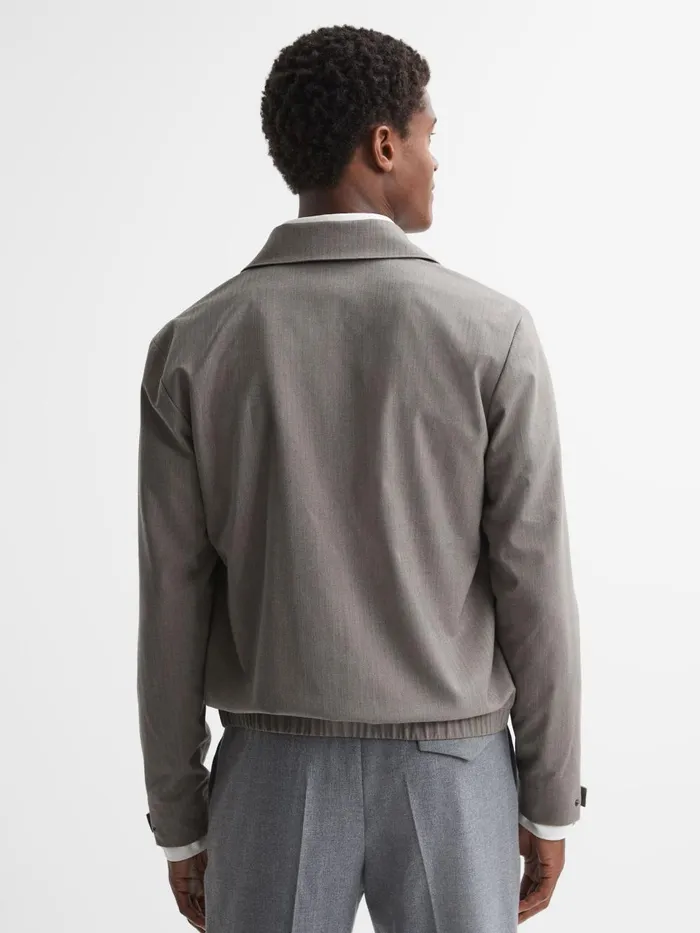 Men Reiss Outerwear and Coats Herringbone PressStud Bomber Jacket Sea Fossil