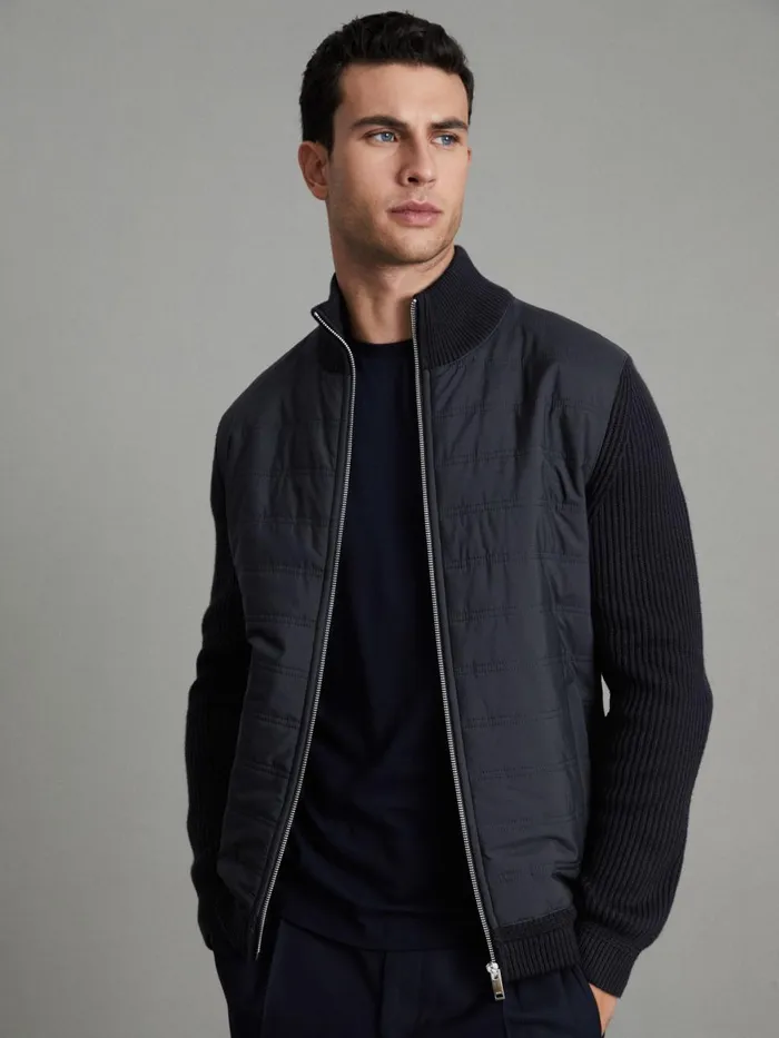 Men Reiss Outerwear and Coats Trainer Hybrid Quilt And Knit ZipThrough Jacket Navy Men Reiss Outerwear and Coats Trainer Hybrid Quilt And Knit ZipThrough Jacket Navy