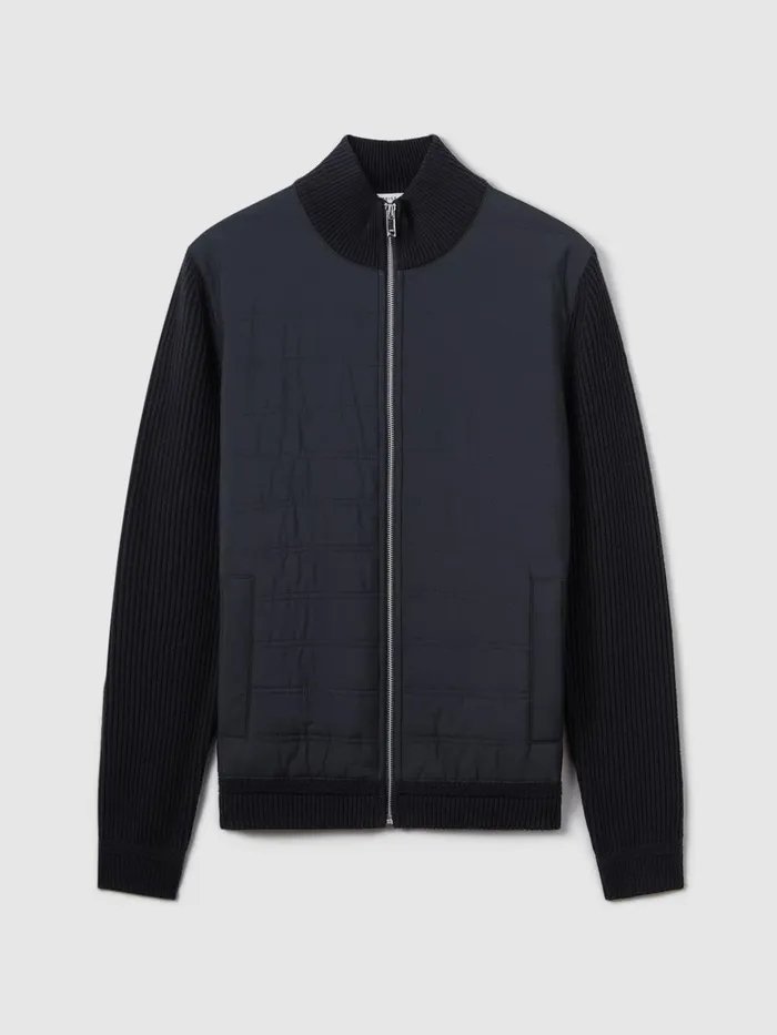 Men Reiss Outerwear and Coats Trainer Hybrid Quilt And Knit ZipThrough Jacket Navy