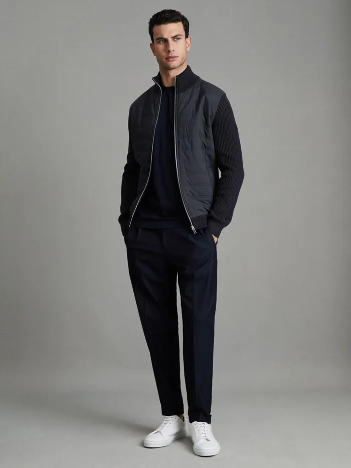 Men Reiss Outerwear and Coats Trainer Hybrid Quilt And Knit ZipThrough Jacket Navy