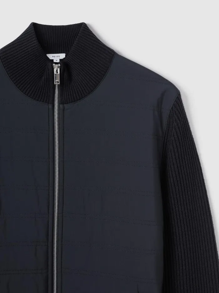 Men Reiss Outerwear and Coats Trainer Hybrid Quilt And Knit ZipThrough Jacket Navy