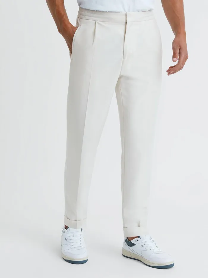 Men Reiss Pants Brighton Relaxed Drawstring Trousers With TurnUps Ecru