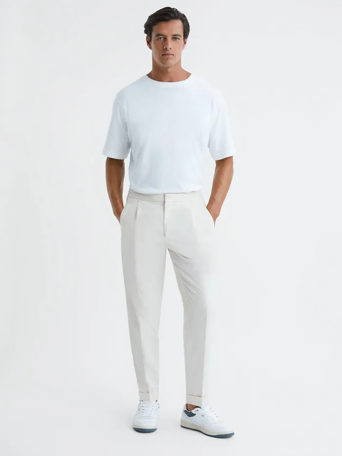 Men Reiss Pants Brighton Relaxed Drawstring Trousers With TurnUps Ecru