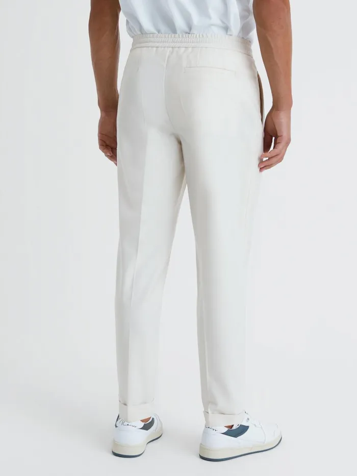 Men Reiss Pants Brighton Relaxed Drawstring Trousers With TurnUps Ecru
