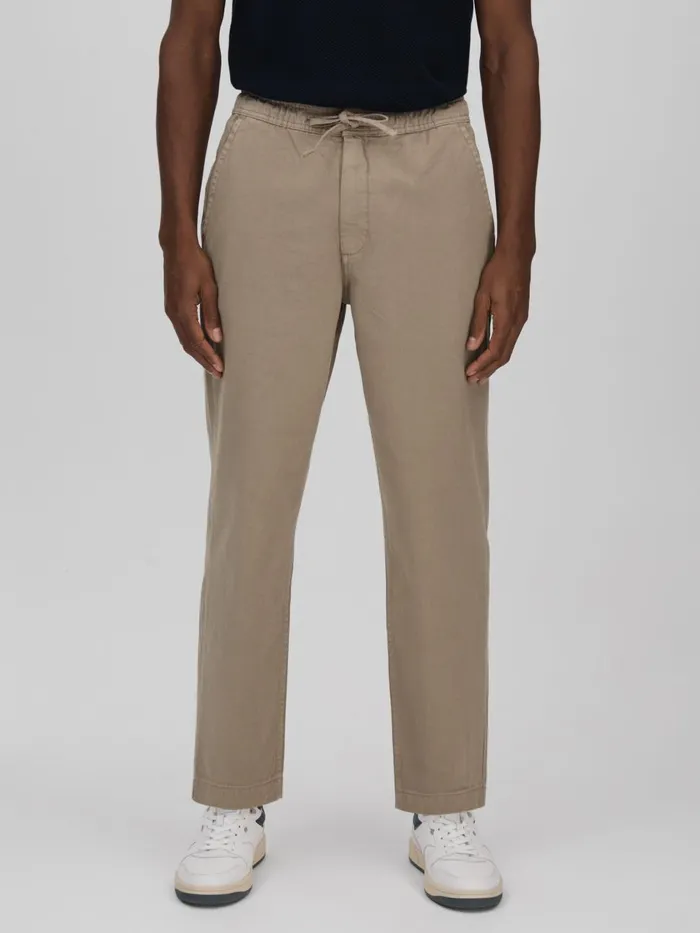 Men Reiss Pants London Cotton Drawstring Trousers Light Khaki
