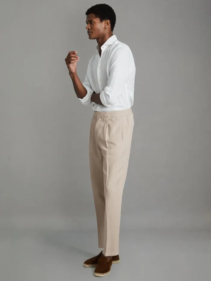 Men Reiss Pants Pact Relaxed Cotton Blend Elasticated Waist Trousers Stone