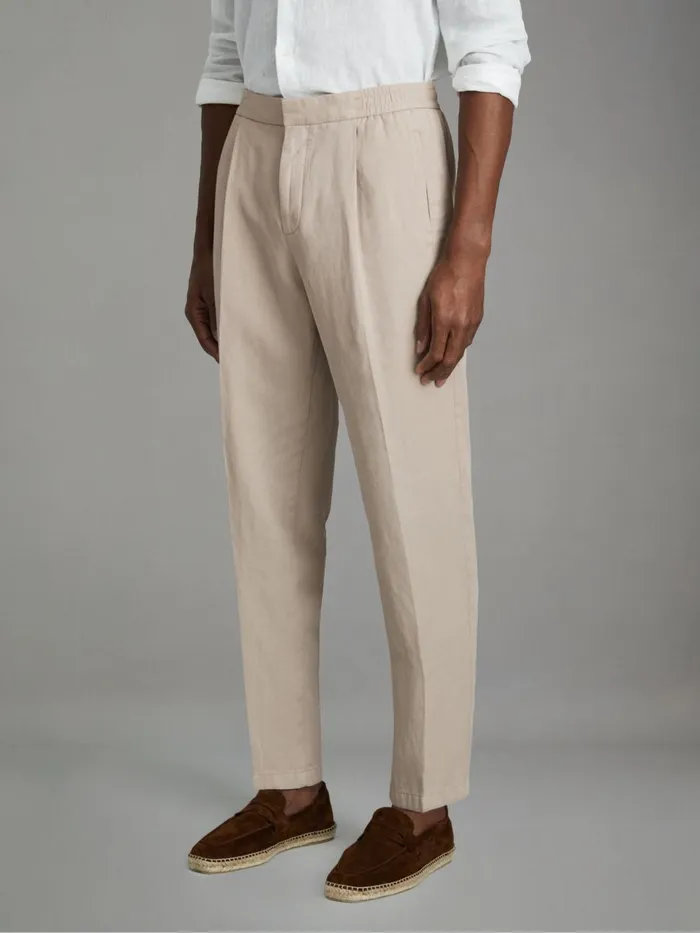 Men Reiss Pants Pact Relaxed Cotton Blend Elasticated Waist Trousers Stone