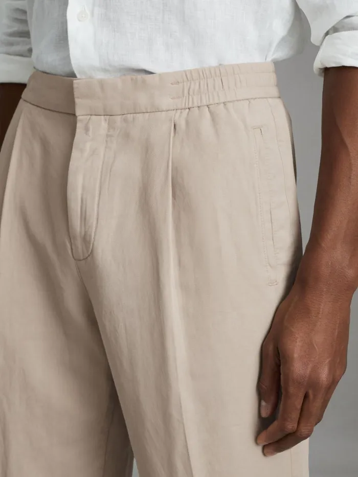 Men Reiss Pants Pact Relaxed Cotton Blend Elasticated Waist Trousers Stone