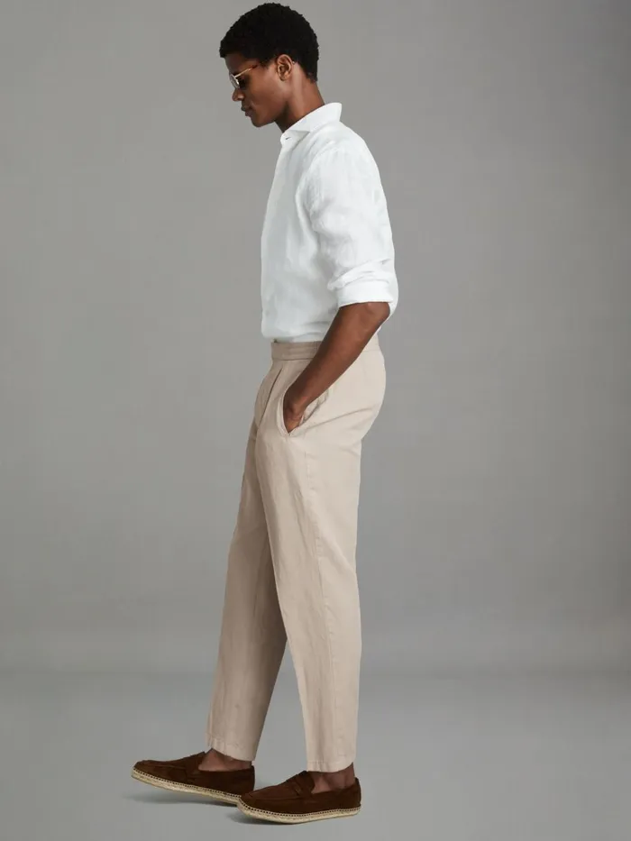 Men Reiss Pants Pact Relaxed Cotton Blend Elasticated Waist Trousers Stone