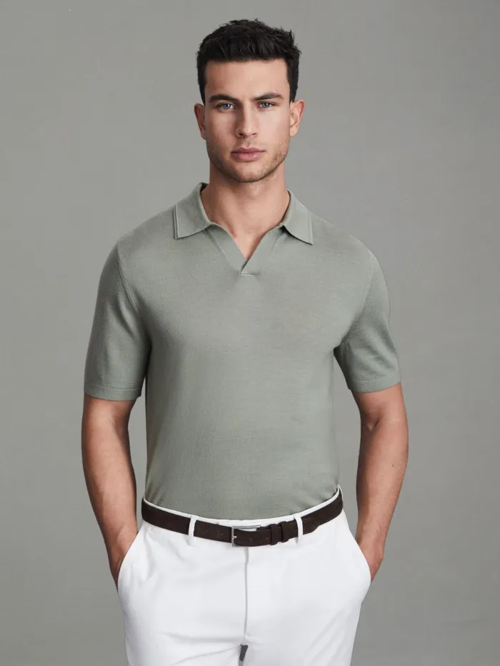 Men Reiss Polo Shirts Duchie Merino Wool Open Collar Polo Shirt Pistachio
