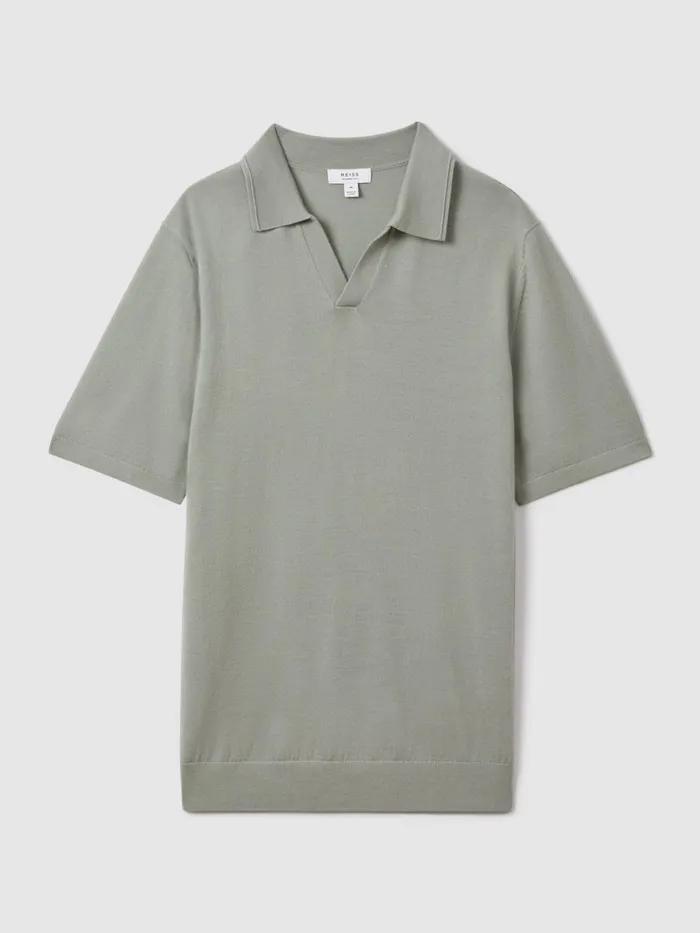 Men Reiss Polo Shirts Duchie Merino Wool Open Collar Polo Shirt Pistachio