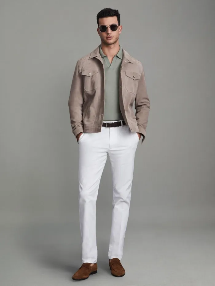 Men Reiss Polo Shirts Duchie Merino Wool Open Collar Polo Shirt Pistachio