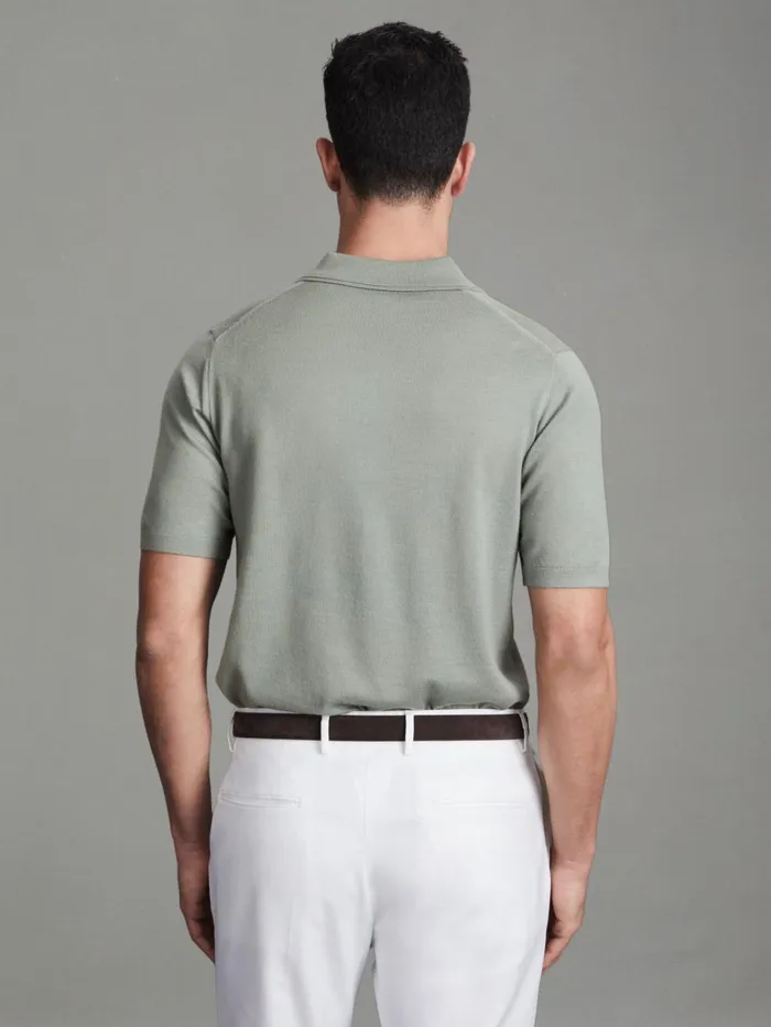 Men Reiss Polo Shirts Duchie Merino Wool Open Collar Polo Shirt Pistachio