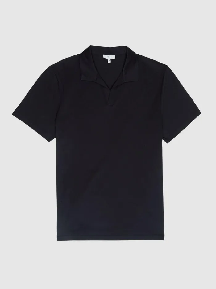 Men Reiss Polo Shirts Jaxx Mercerised Open Collar Polo TShirt Navy