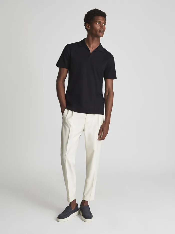 Men Reiss Polo Shirts Jaxx Mercerised Open Collar Polo TShirt Navy