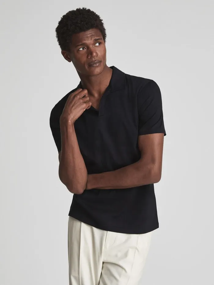Men Reiss Polo Shirts Jaxx Mercerised Open Collar Polo TShirt Navy