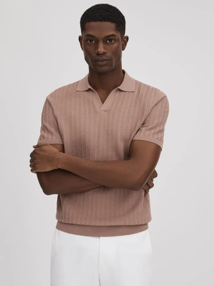 Men Reiss Polo Shirts Mickey Textured Modal Blend Open Collar Shirt Dusty Pink
