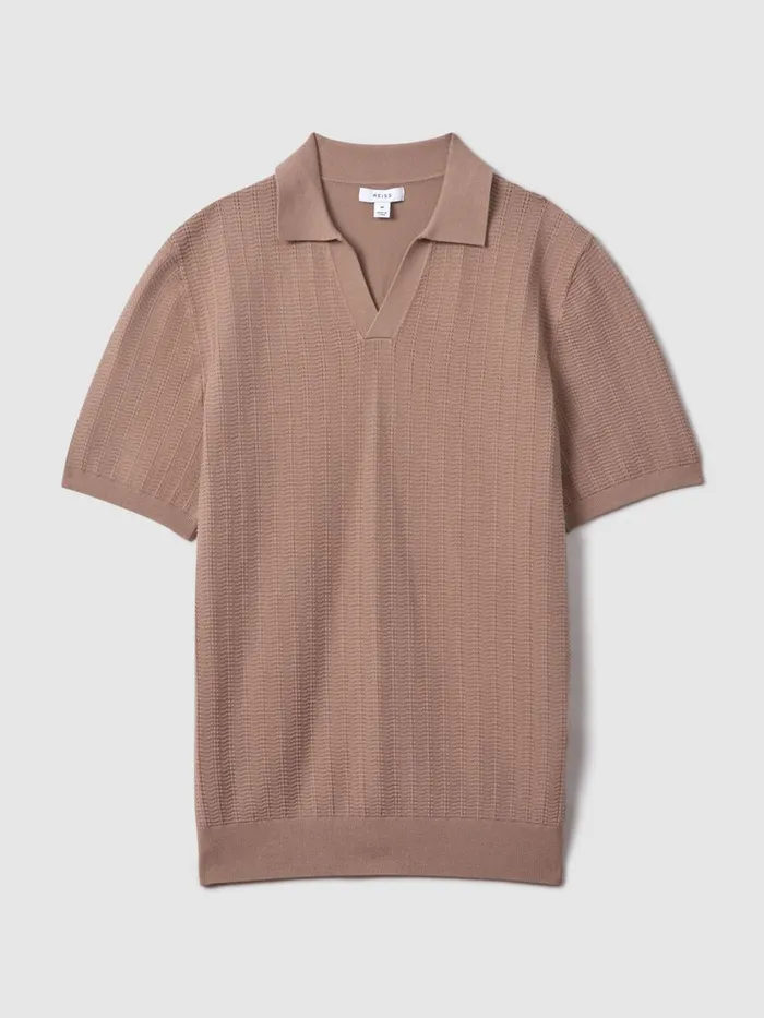 Men Reiss Polo Shirts Mickey Textured Modal Blend Open Collar Shirt Dusty Pink