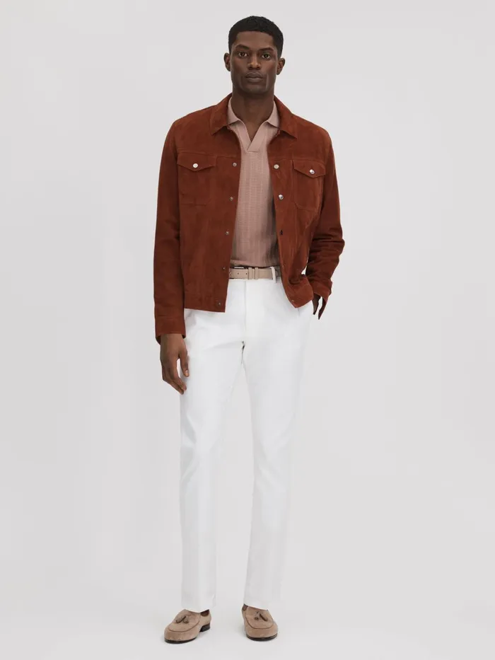 Men Reiss Polo Shirts Mickey Textured Modal Blend Open Collar Shirt Dusty Pink